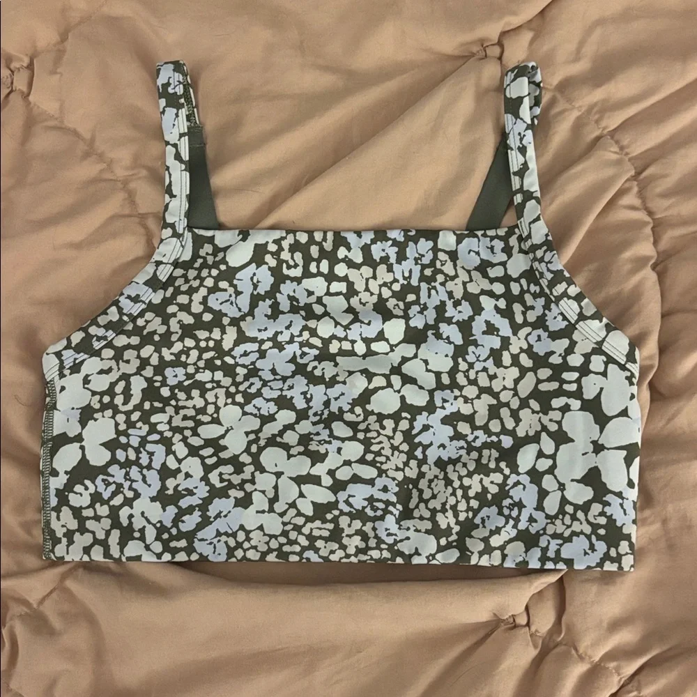 Offline by aerie printed square neck sports bra in Olive Fun
